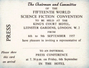 Press pass for the 15th Worldcon at the Kings court hotel, London