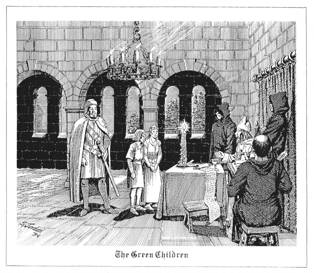 The Green children are questioned in Bradwell church  near Coggeshall - Illustration by Sydney Jordan