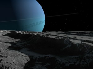 Artist's impression of the view of Uranus from Umbriel