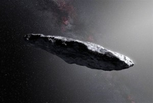 An computer generated image of Oumuamua which entered the Solar system last October